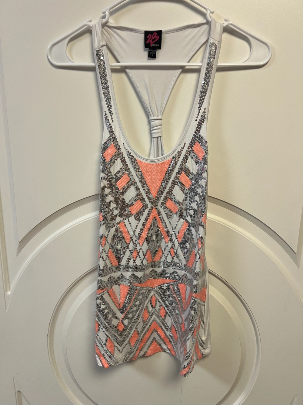 2B Bebe White and Coral Sequin Embellished Racerback Y2K Tank